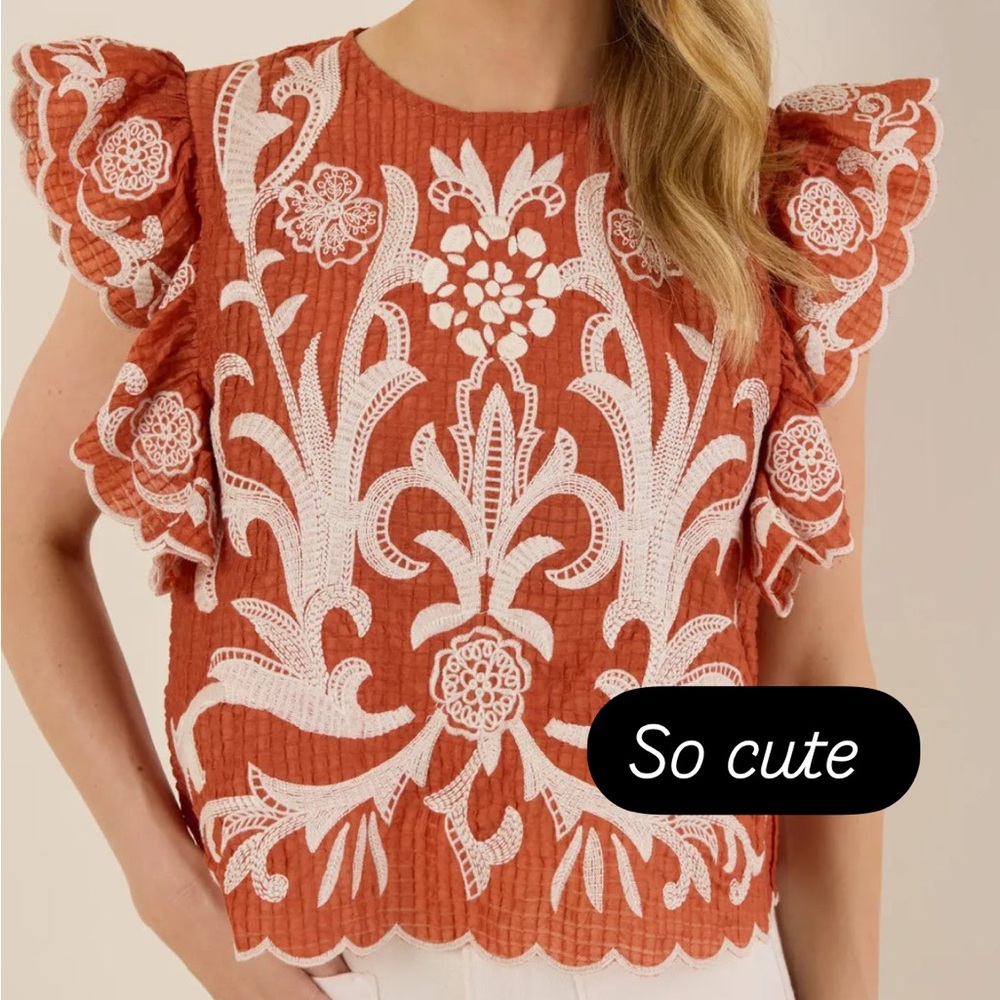 THML Rust Orange Eyelet Embroidered Flutter Sleeve Top